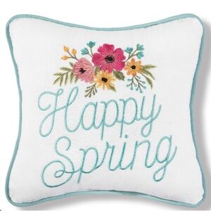 Happy Spring" Flowers Cotton Blend Embroidered Mini Accent Pillow 10" x 10"